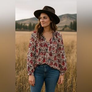 RHODE Pleated Printed Balloon Sleeves Tie Neck Crepe Peasant Blouse Size Medium